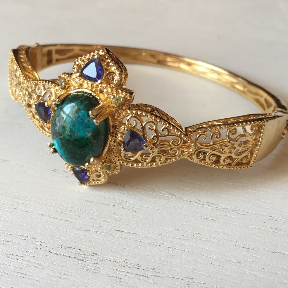 Chrysocolla, Iolite, & Peridot Bangle in 18 K GB